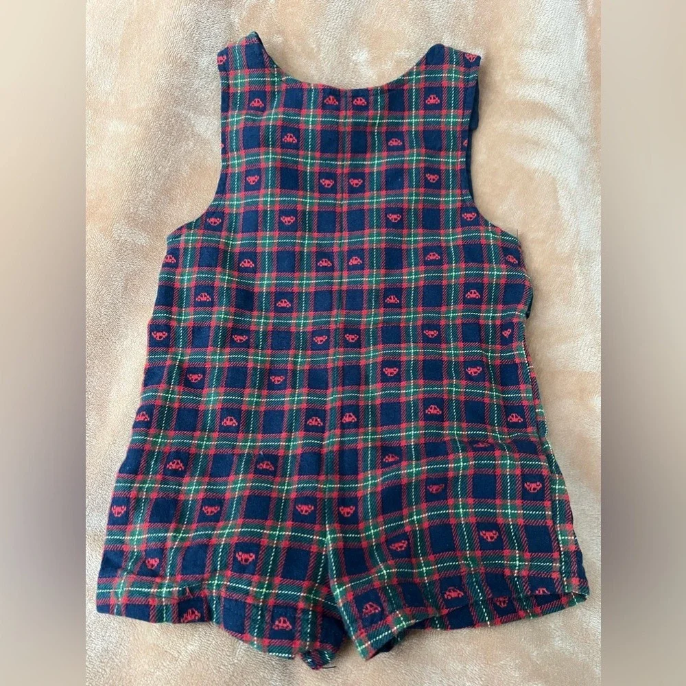 Vintage Plaid Bear Truck Shortall Romper Navy Red 18 Months Snap Bottom Cotton